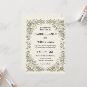 Convite Casamento com Borda de Rosa Oliva Marfim