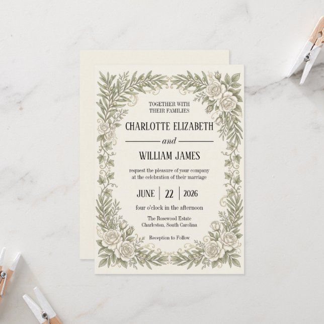 Convite Casamento com Borda de Rosa Oliva Marfim (Frente/Verso In Situ)