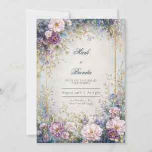 Convite Casamento com Borda Dourada Índigo Lavanda Brilhan