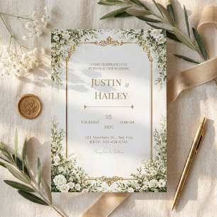 Convite Casamento com Borda Dourada Ornamentada Rosa de Ma