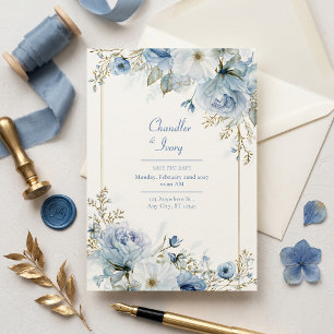Convite Casamento com Borda em Dourado Rosa e Azul Ardósia