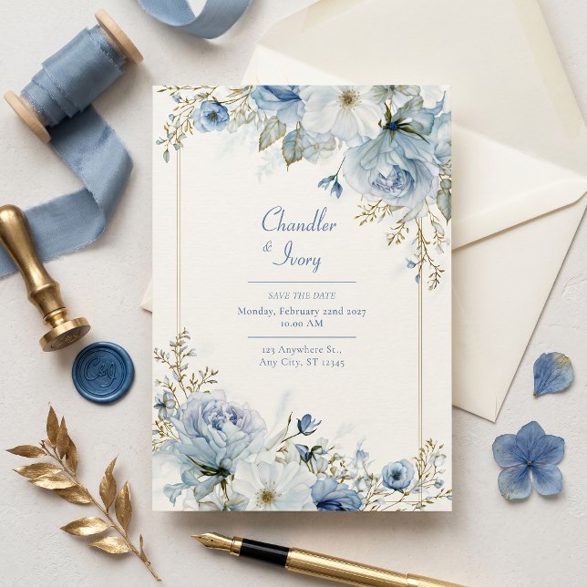 Convite Casamento com Borda em Dourado Rosa e Azul Ardósia (Criador carregado)