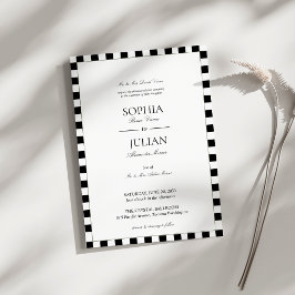 Convite Casamento com Borda Xadrez Preto e Branco Elegante