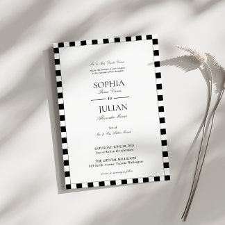 Convite Casamento com Borda Xadrez Preto e Branco Elegante