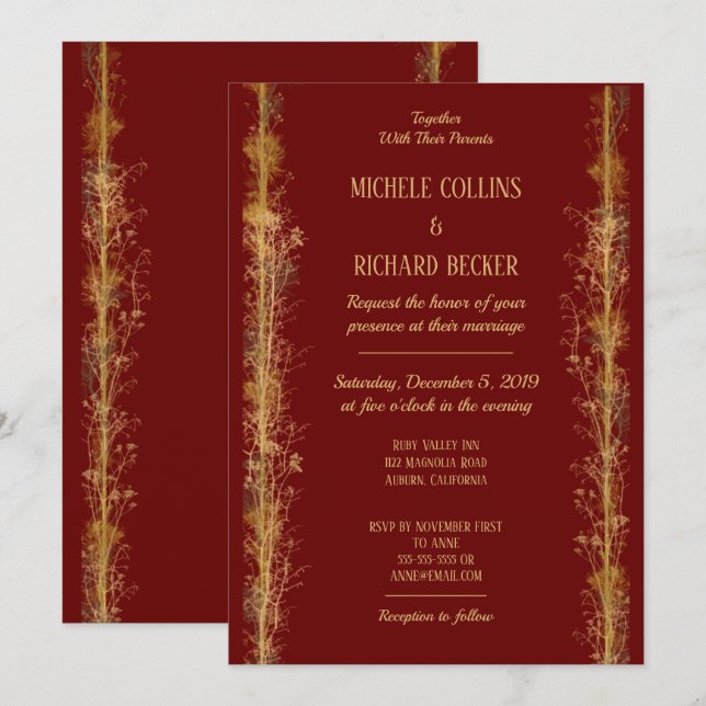 Convite Casamento com Bordadura Botânica Dourada Chic (Frente/Verso)