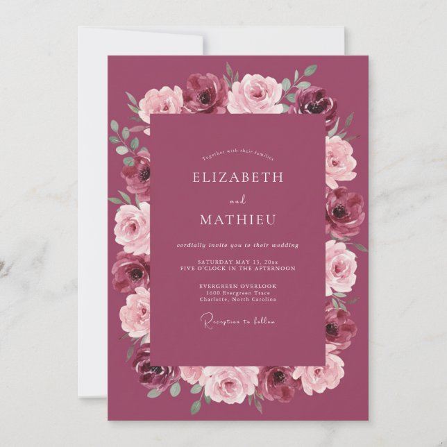 Convite Casamento com Bordadura Floral Borgonha (Frente)