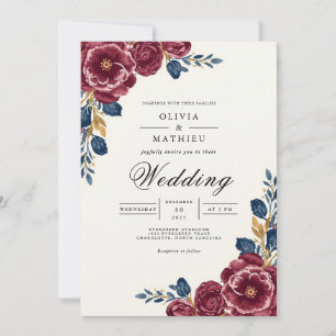 Convite Casamento com Bordadura Floral de Ameixa Profunda