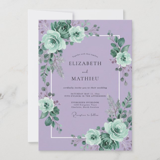 Convite Casamento com Bordadura Floral de Lavanda (Frente)