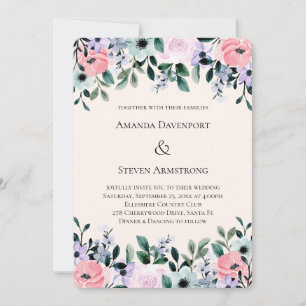 Convite Casamento com Bordadura Floral em Aquarela Rosa e 