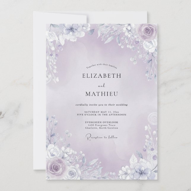 Convite Casamento com Bordadura Floral Leve de Lavanda (Frente)