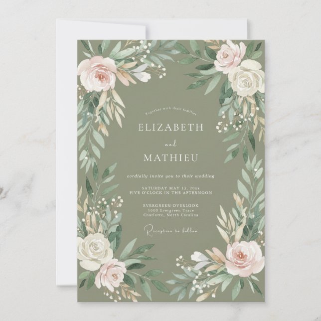 Convite Casamento com Bordadura Floral Salvia (Frente)