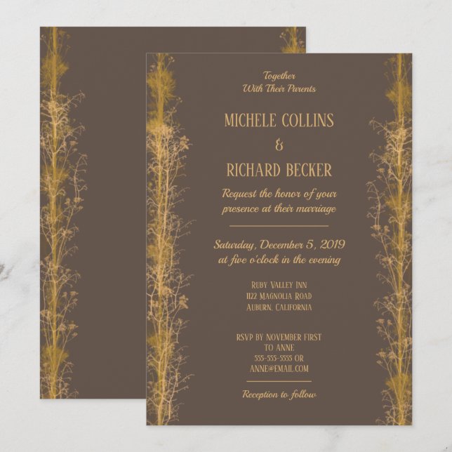 Convite Casamento com Bordas Botânicas em Dourado Chic (Frente/Verso)