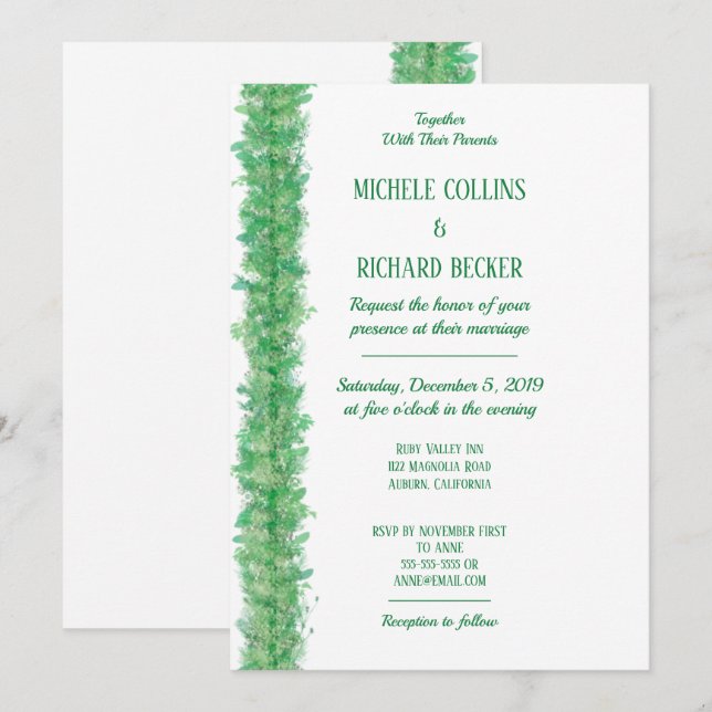 Convite Casamento com Bordas Botânicas Verdes Elegantes (Frente/Verso)