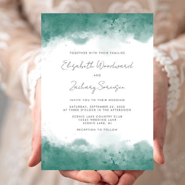 Convite Casamento com Bordas de Aquarela Azul Moderno (Criador carregado)