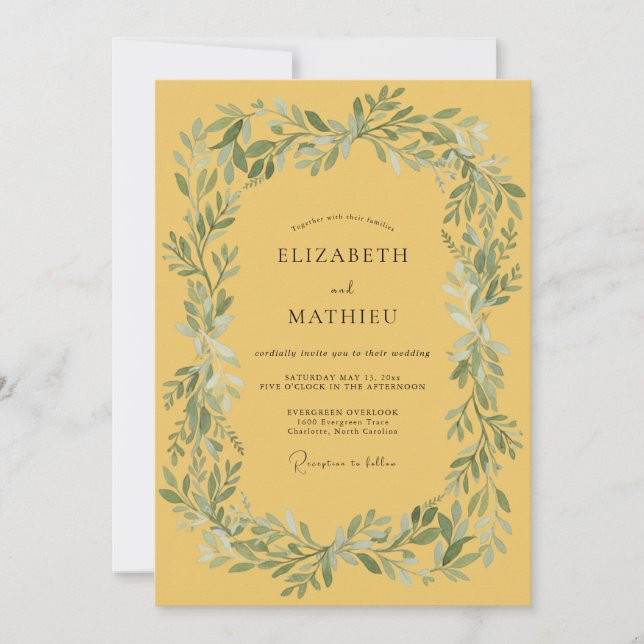 Convite Casamento com Bordas de Folhas Verde-Amarelas (Frente)