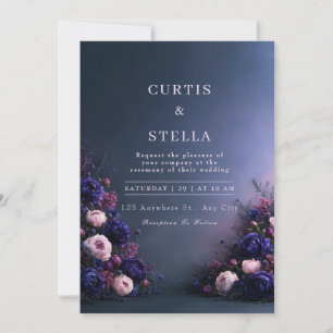Convite Casamento com Bordas Florais de Índigo à Meia-Noit
