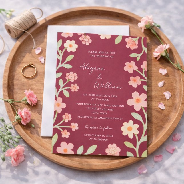 Convite Casamento com Bordas Florais Rosa Elegante e Capri (Criador carregado)