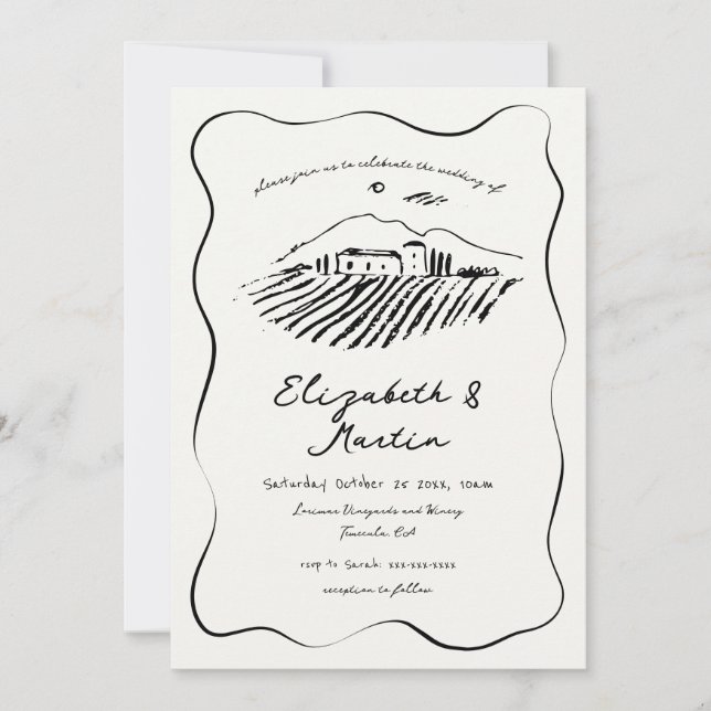 Convite Casamento com Bordas Onduladas de Vinhedo Desenhad (Frente)