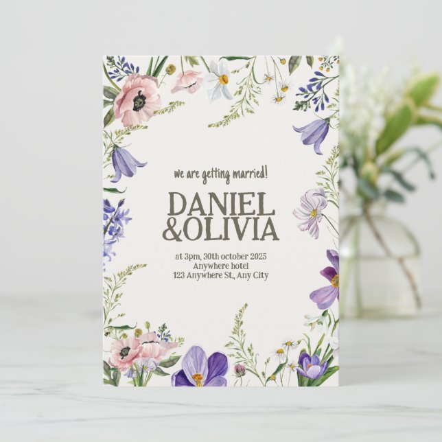 Convite Casamento com bordas planas de roxo e creme (Em pé/Frente)