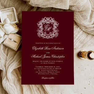 Convite Casamento com Brasão de Monograma Burgundy Elegant