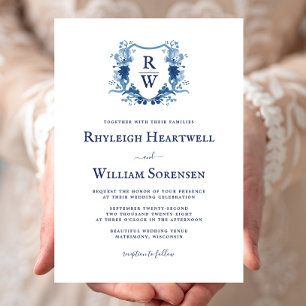 Convite Casamento com Brasão de Monograma de Aquarela Azul