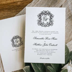 Convite Casamento com Brasão de Monograma Preto e Branco V