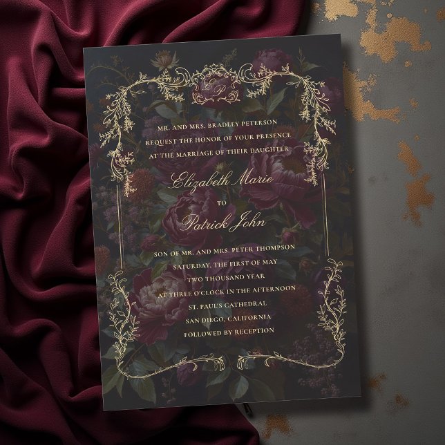 Convite Casamento com Brasão Dourado Botânico Vitoriano So (moody wedding invitation victorian botanical crest frame dark gothic romance whimsigoth theme)