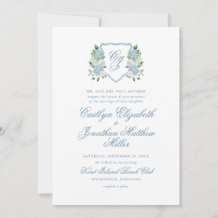 Convite Casamento com Brasão Floral em Aquarela Azul Poeir