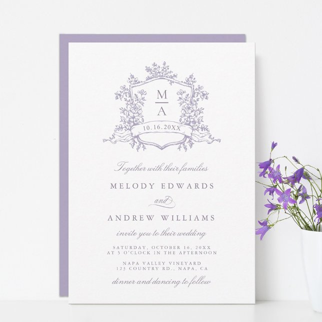 Convite Casamento com Brasão Floral Lavanda Romântica (Criador carregado)