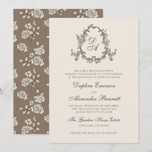 Convite Casamento com Brasão Floral Monogramado Marrom Vin