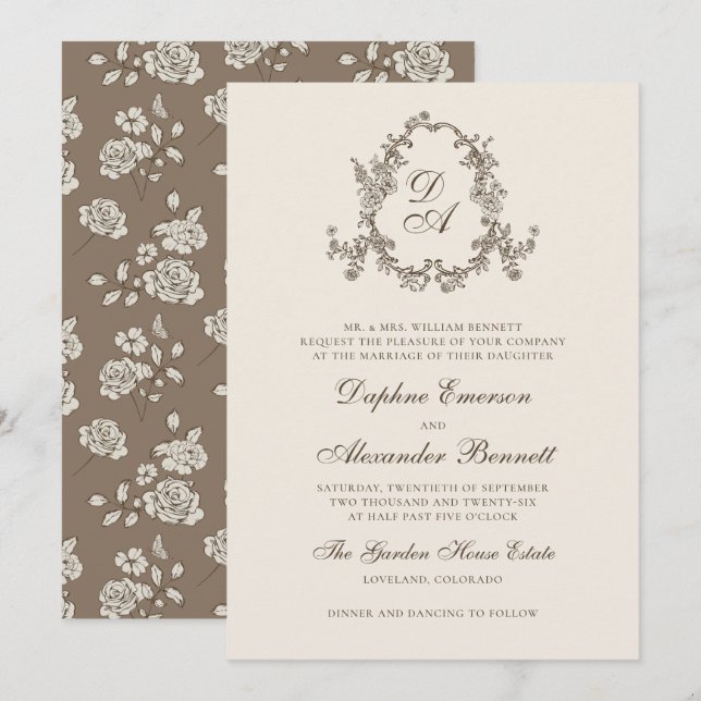Convite Casamento com Brasão Floral Monogramado Marrom Vin (Frente/Verso)