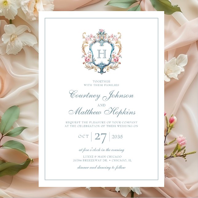 Convite Casamento com Brasão Floral Monogramado Vintage (Criador carregado)