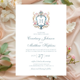 Convite Casamento com Brasão Floral Monogramado Vintage