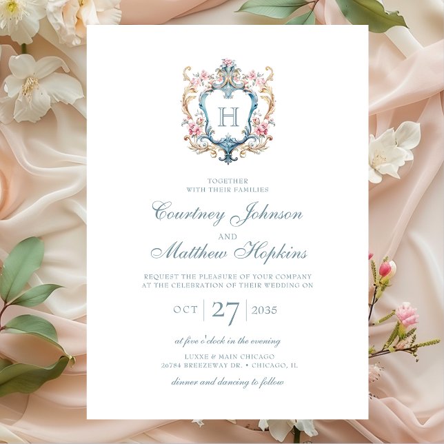 Convite Casamento com Brasão Floral Monogramado Vintage (Criador carregado)