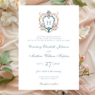 Convite Casamento com Brasão Floral Monogramado Vintage