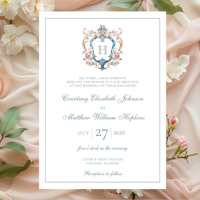 Convite Casamento com Brasão Floral Monogramado Vintage (Criador carregado)