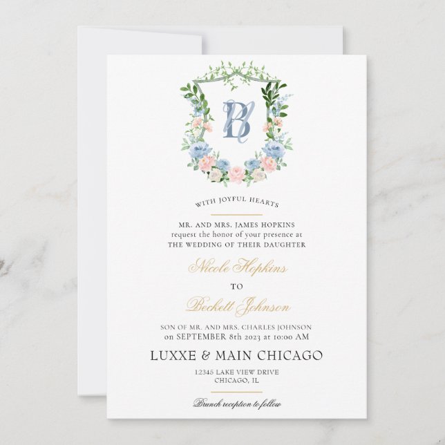 Convite Casamento com Brasão Floral Rosa (Frente)