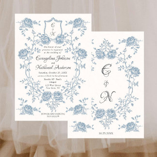 Convite Casamento com Brasão Vintage de Rosas em Letra Fra