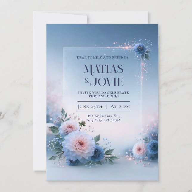 Convite Casamento com Brilho Azul de Dália Rosada (Frente)