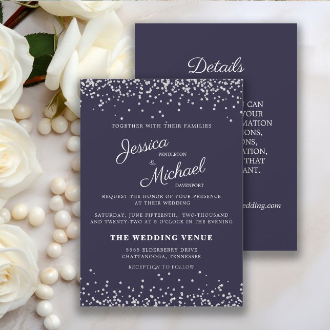 Convite Casamento com Brilho Azul Marinho Prata e Detalhes (Elegant navy blue and silver glitter 2-sided wedding invitation and details card.  )