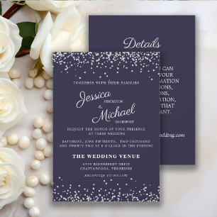 Convite Casamento com Brilho Azul Marinho Prata e Detalhes