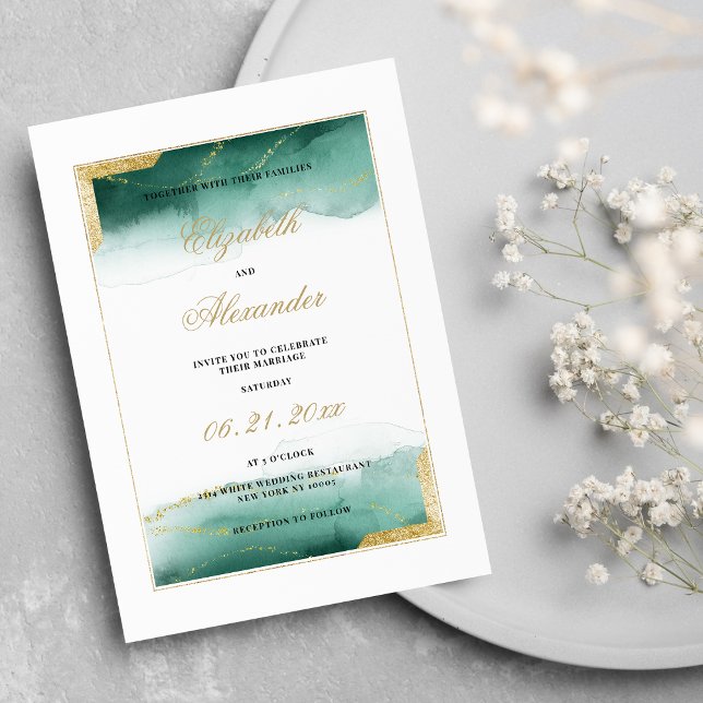 Convite Casamento com brilho branco verde-escuro (Watercolor dark green white gold glitter wedding)