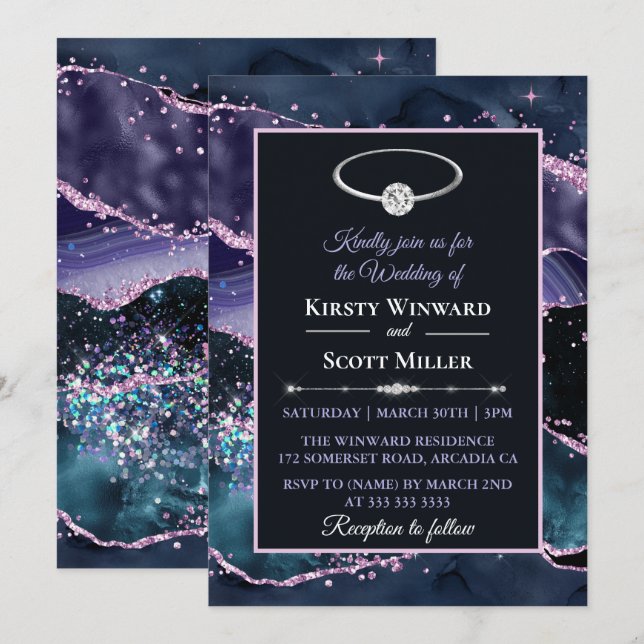Convite Casamento com Brilho de Ágata Roxo Azul Escuro Ros (Frente/Verso)