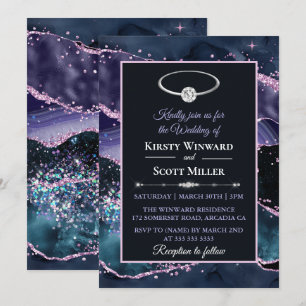 Convite Casamento com Brilho de Ágata Roxo Azul Escuro Ros