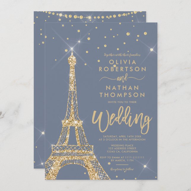 Convite Casamento com brilho de ouro em torre Eiffel (Frente/Verso)