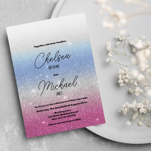 Convite Casamento com brilho de prata azul-rosa (Pink blue silver ombre glam glitter wedding)