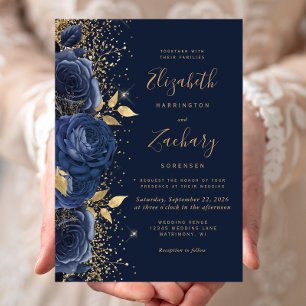 Convite Casamento com Brilho Dourado e Azul Naval Floral