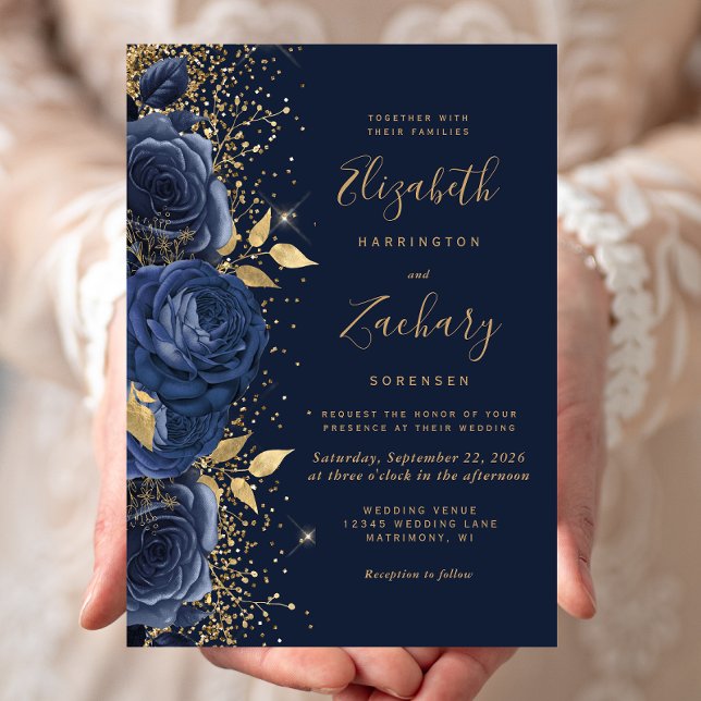 Convite Casamento com Brilho Dourado e Azul Naval Floral (Criador carregado)