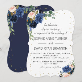 Convite Casamento com Brilho Dourado e Floral Azul-Marinho