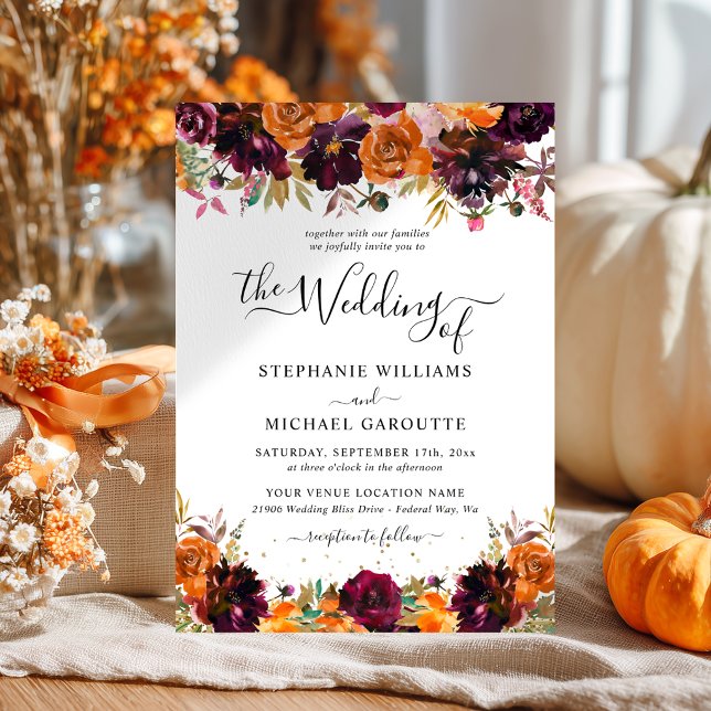 Convite Casamento com Brilho Dourado e Laranja Queimada Fl (Autumn Floral Burnt Orange Gold Glitter Wedding Invitation)